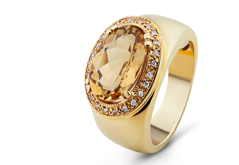 November Birthstone Guide for Retailers – Citrine & Topaz 2 Gold ring featuring a citrine gemstone surrounded by diamonds image