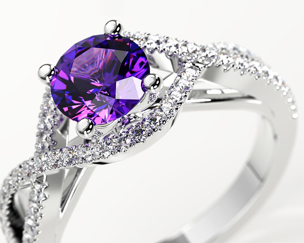 February Birthstone Guide for Retailers – Amethyst 2 Amethyst solitaire gemstone criss cross engagement ring image